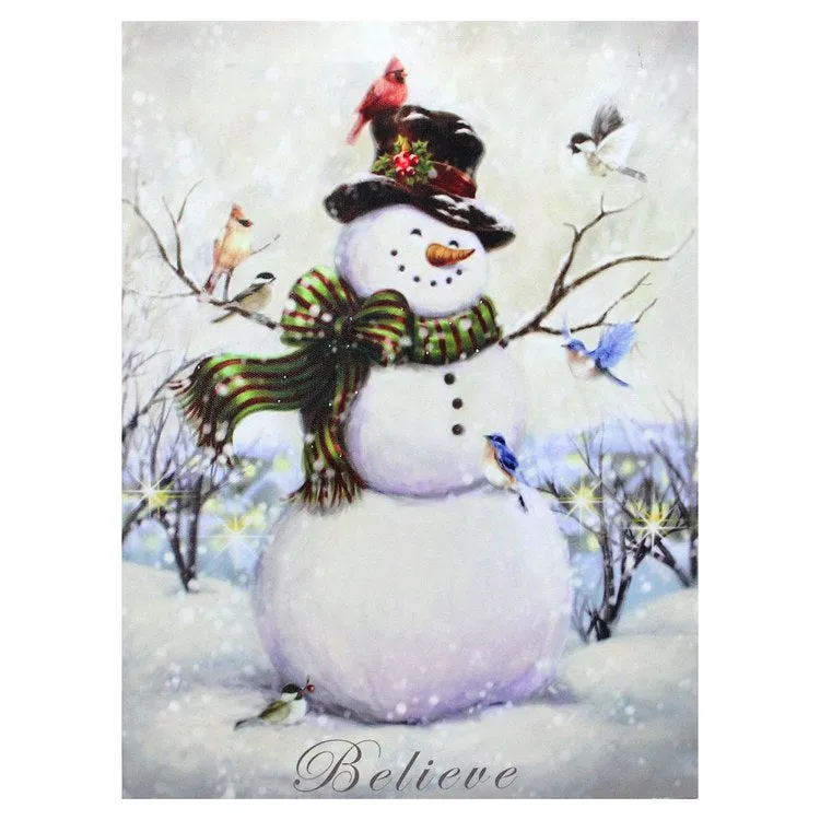 15.75" x 11.75" Snowman and Bird Friends LED Lighted Christmas Canvas Wall Art