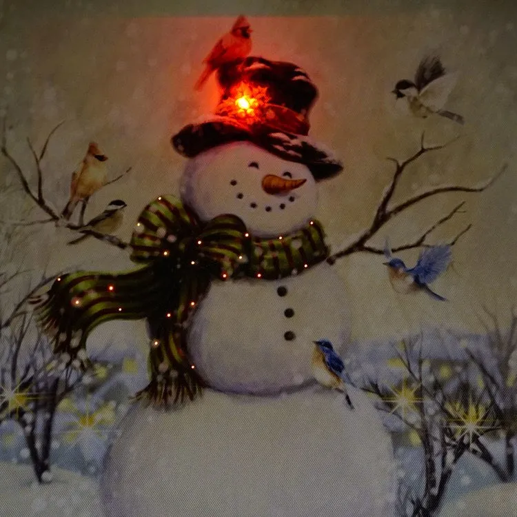 15.75" x 11.75" Snowman and Bird Friends LED Lighted Christmas Canvas Wall Art