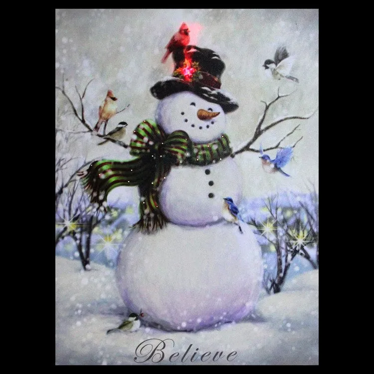 15.75" x 11.75" Snowman and Bird Friends LED Lighted Christmas Canvas Wall Art