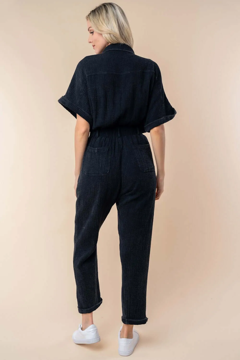 Black Texture Short Sleeve Jumpsuit