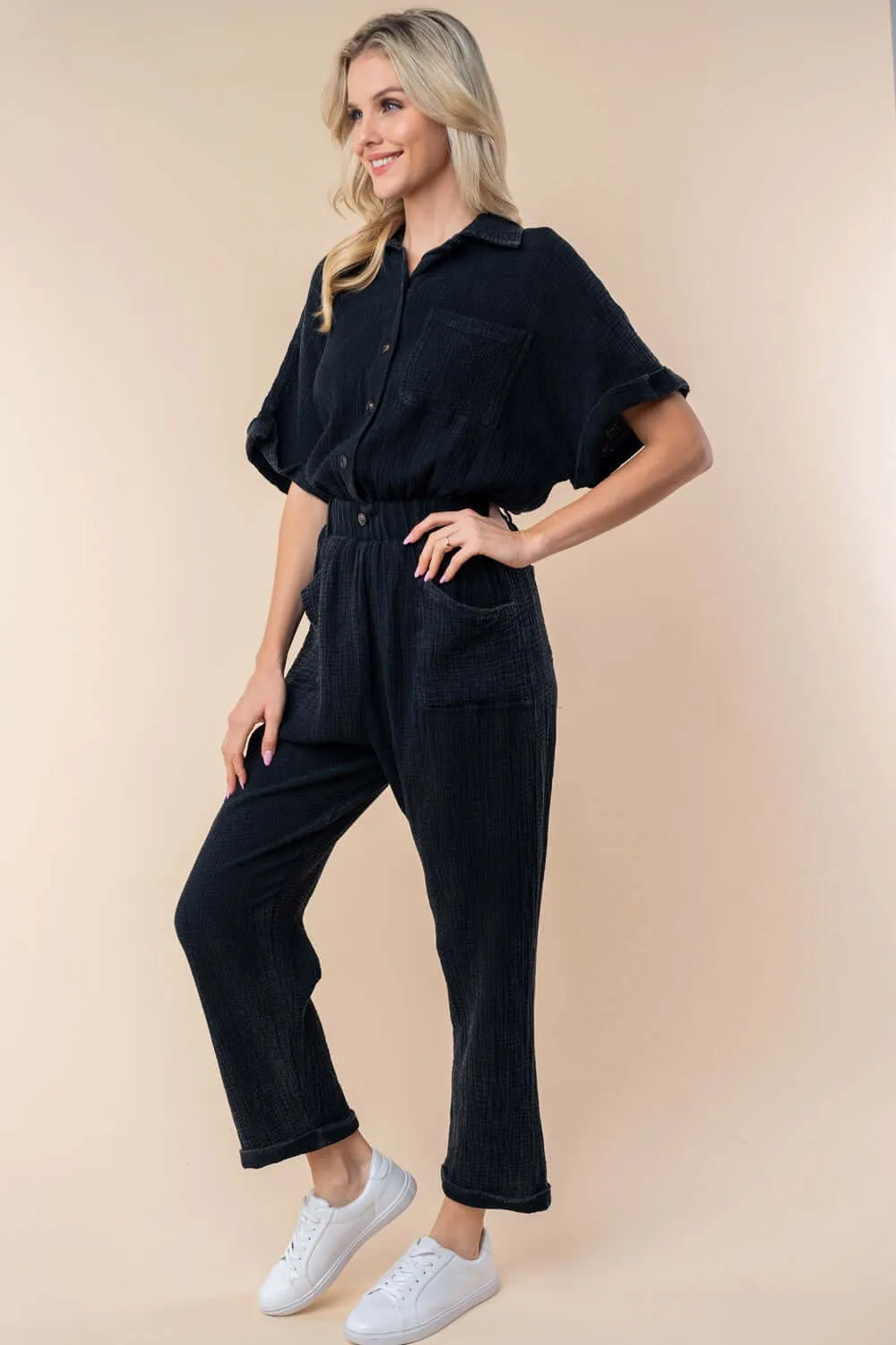 Black Texture Short Sleeve Jumpsuit