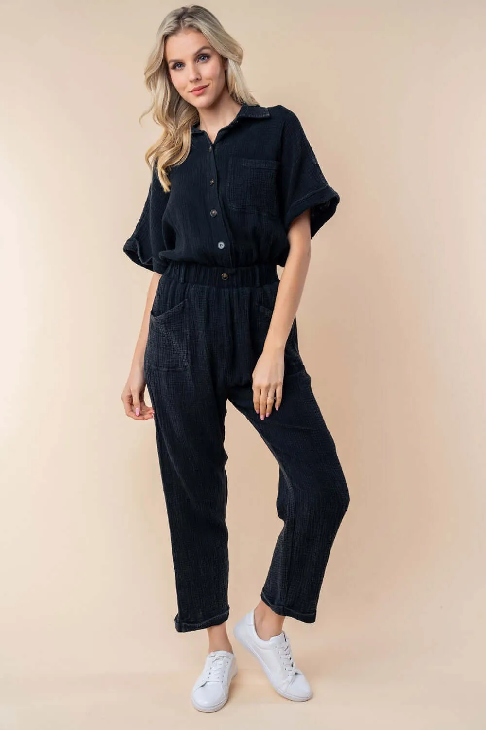 Black Texture Short Sleeve Jumpsuit