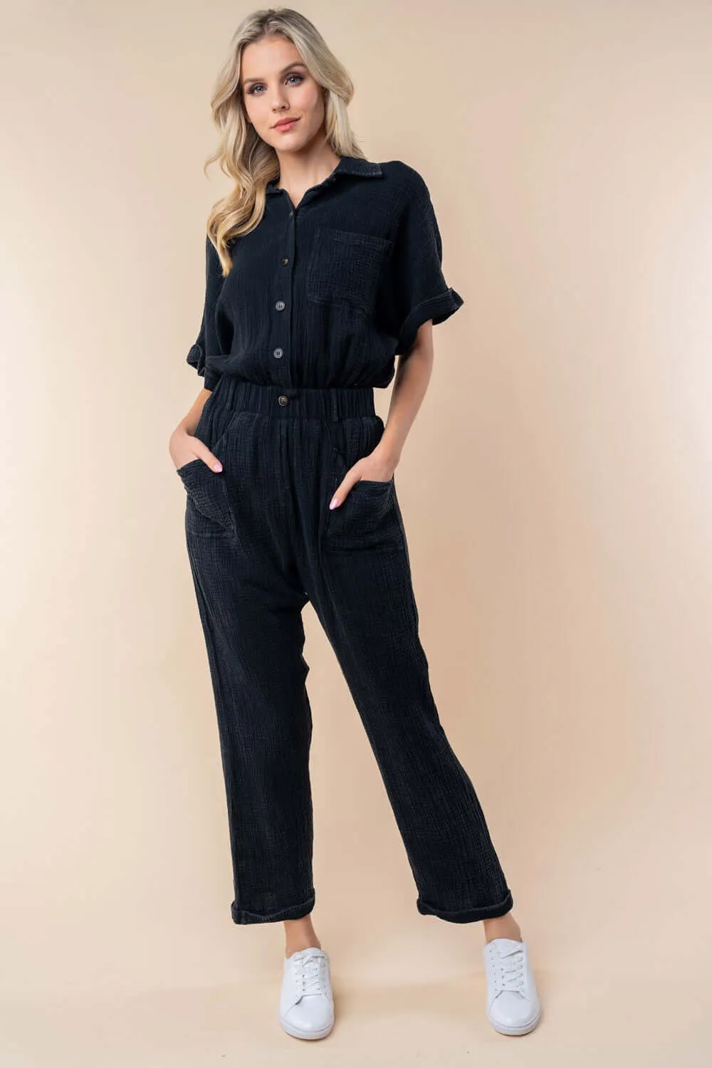 Black Texture Short Sleeve Jumpsuit