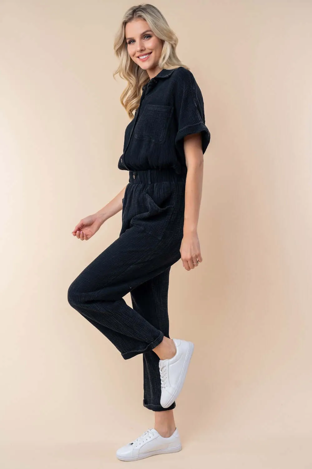 Black Texture Short Sleeve Jumpsuit