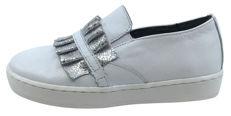 BluBlonc Girl's White Leather with Silver Snake Print Ruffle Sneaker Shoe