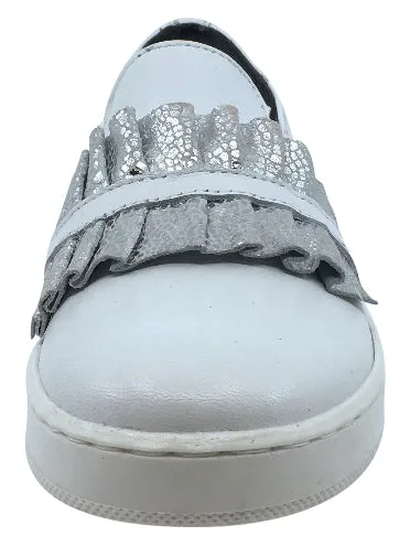 BluBlonc Girl's White Leather with Silver Snake Print Ruffle Sneaker Shoe