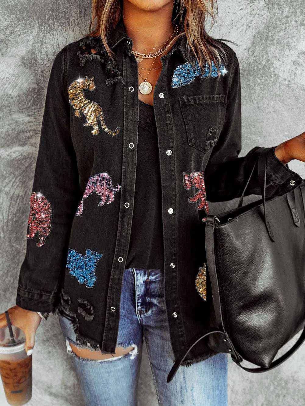 Bohemian Black Denim Jacket with Tiger Design