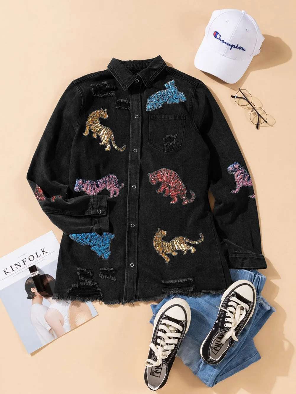 Bohemian Black Denim Jacket with Tiger Design