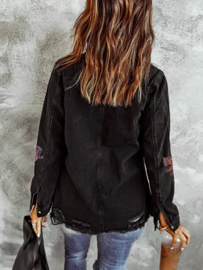 Bohemian Black Denim Jacket with Tiger Design