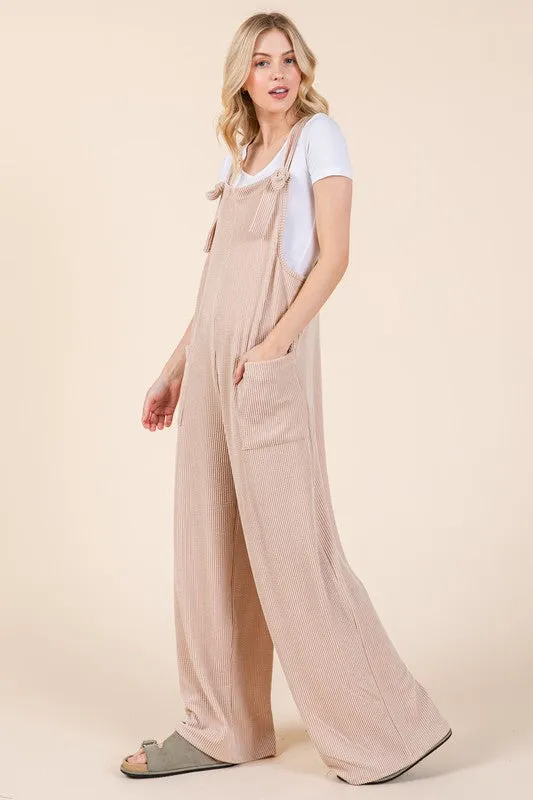 BOMBOM Knot Straps Wide Leg Ribbed Overalls with Pockets