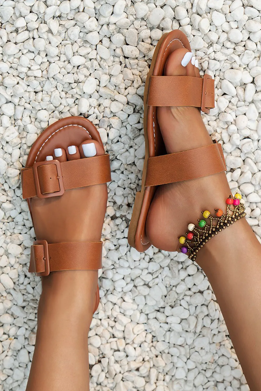 Brown Double Buckled Straps Slip On Flat Slides Shoes