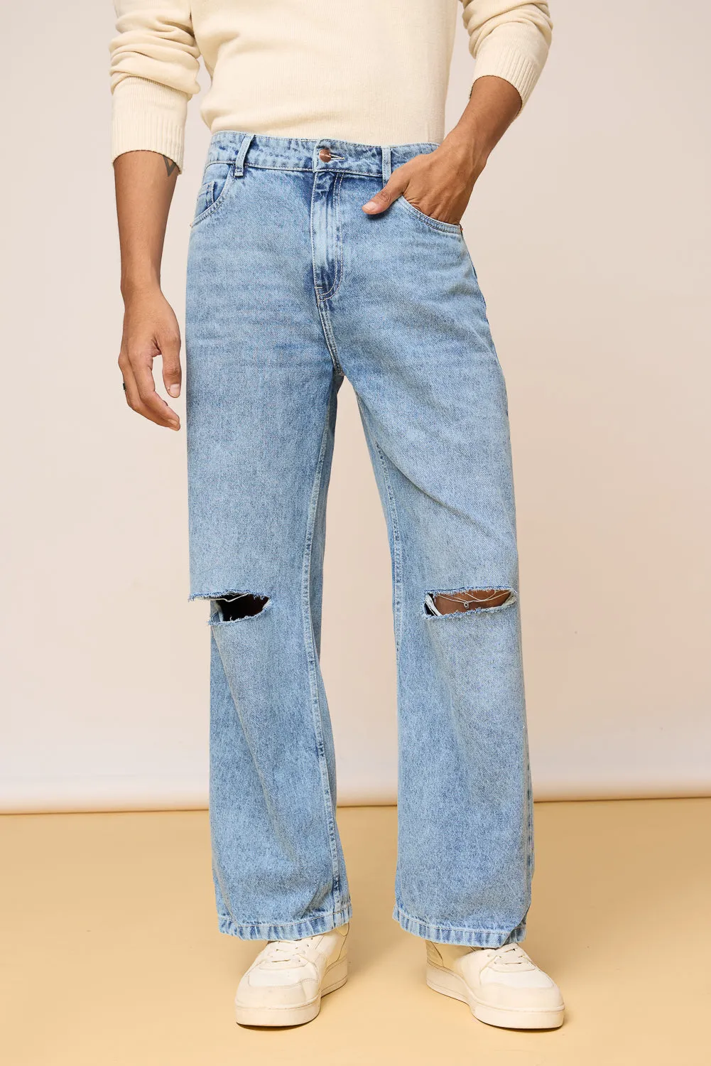 Classic Fit Distressed Men's Wide Leg Jeans