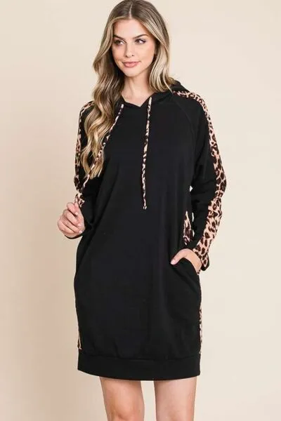 Culture Code Drawstring Leopard Long Sleeve Hooded Dress