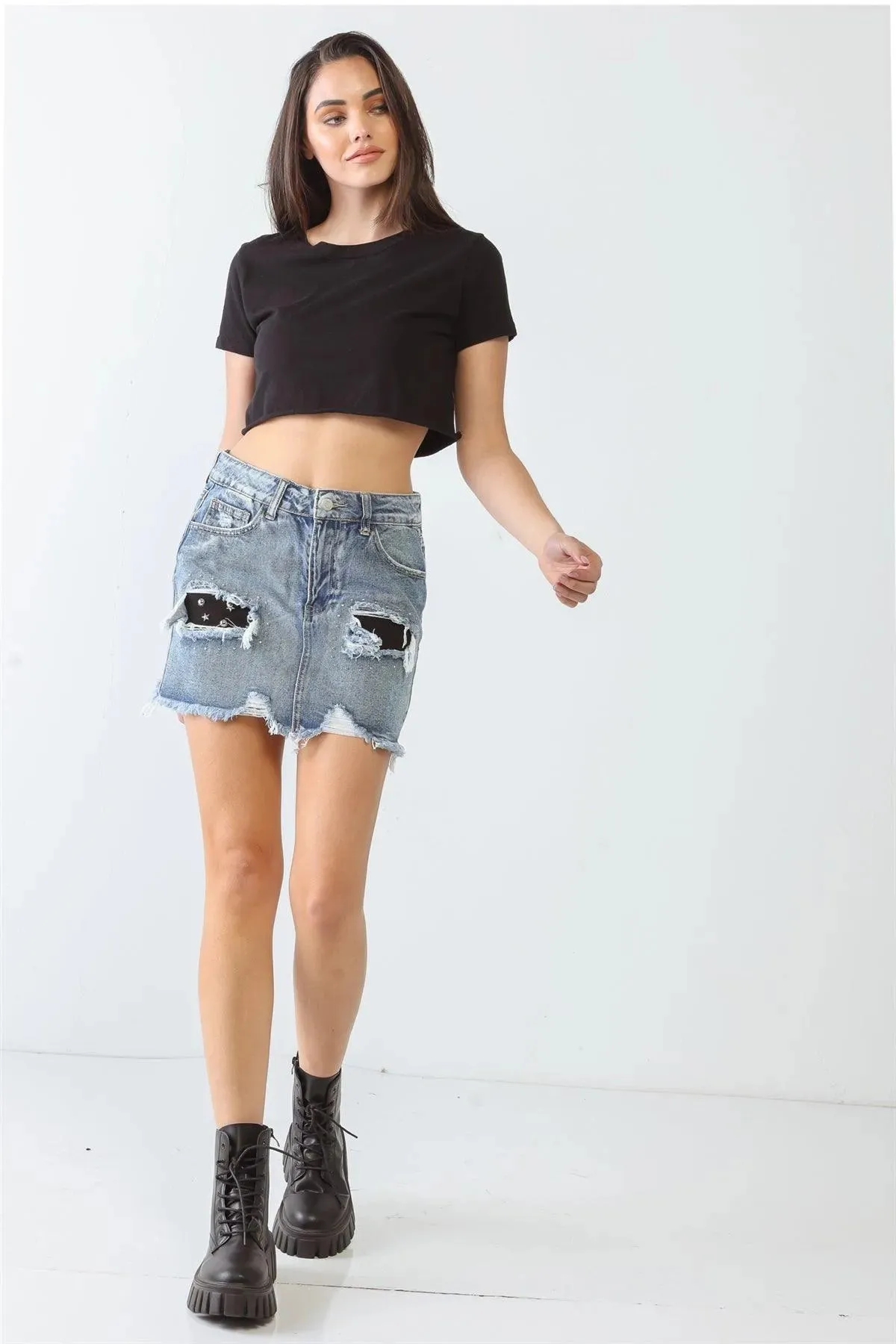 Distressed Trim High Waist Mini Denim Skirt