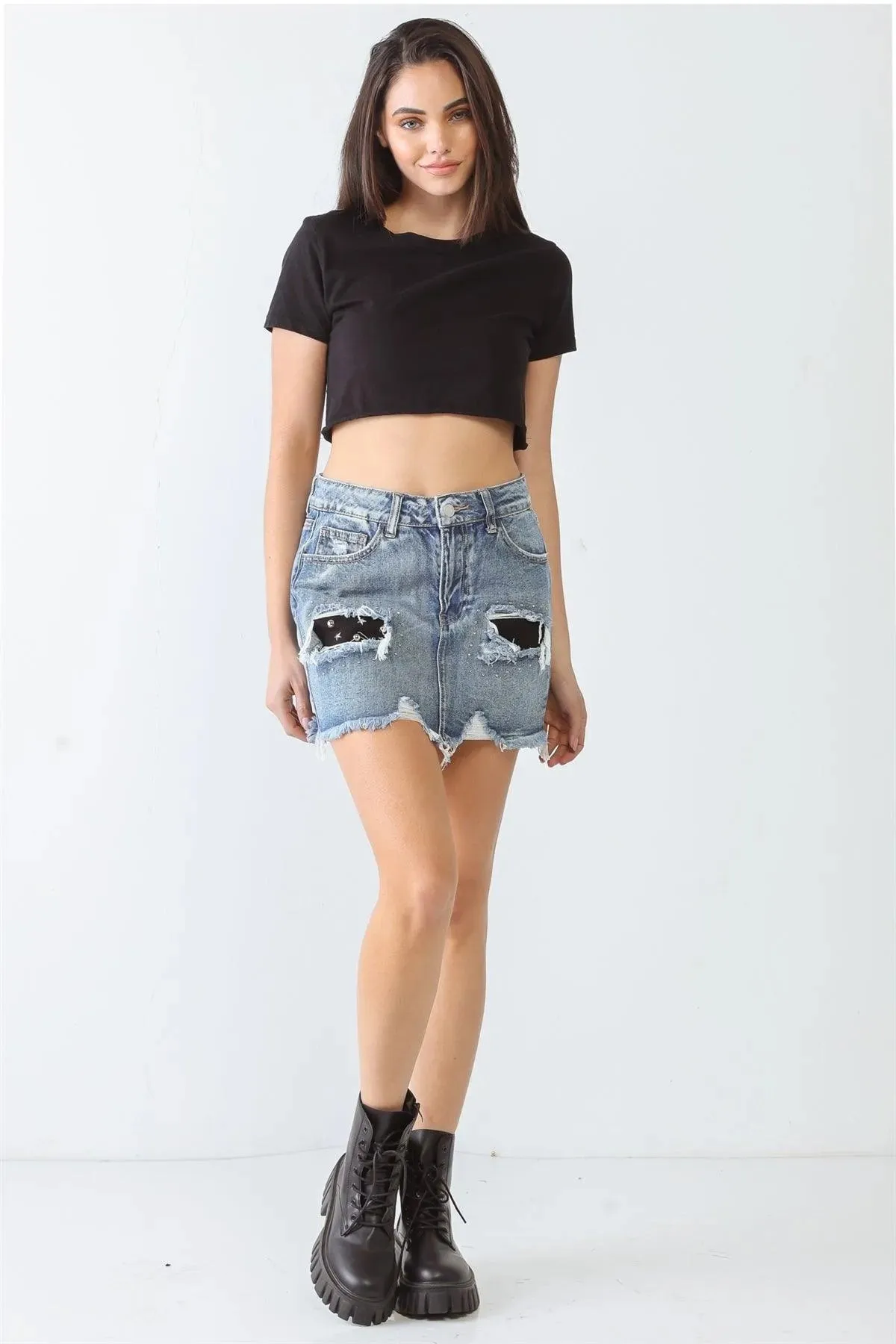 Distressed Trim High Waist Mini Denim Skirt