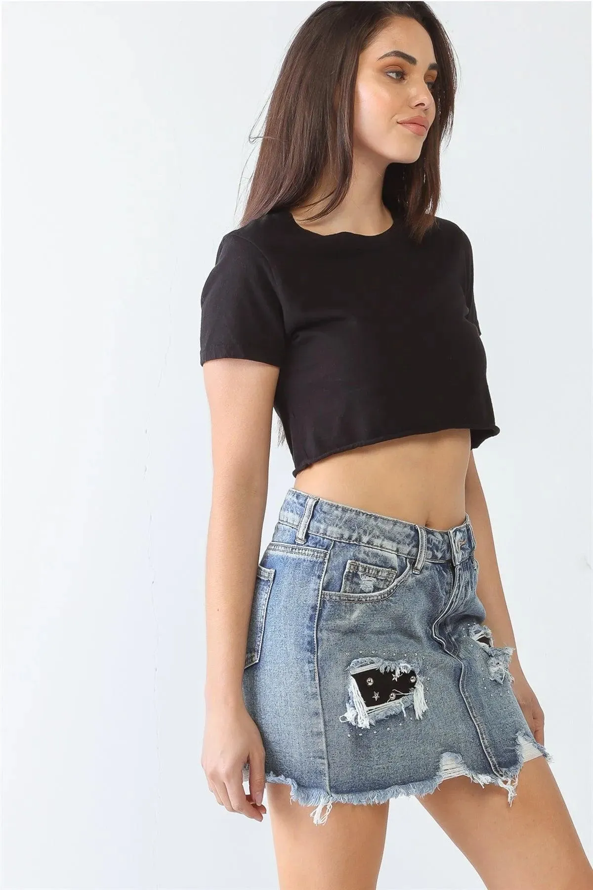 Distressed Trim High Waist Mini Denim Skirt