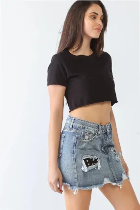 Distressed Trim High Waist Mini Denim Skirt