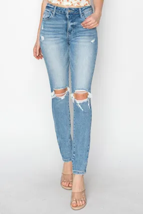 Edgy Elegance: Risen High Rise Knee Distressed Skinny Jeans