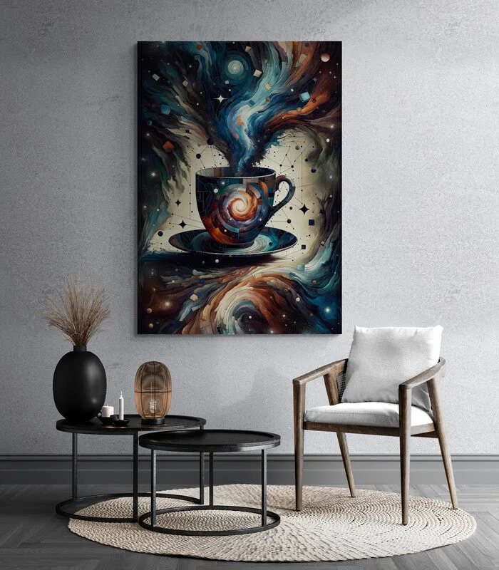 Galactic Teacup Serenity: Cubist Wall Art Print - canvas