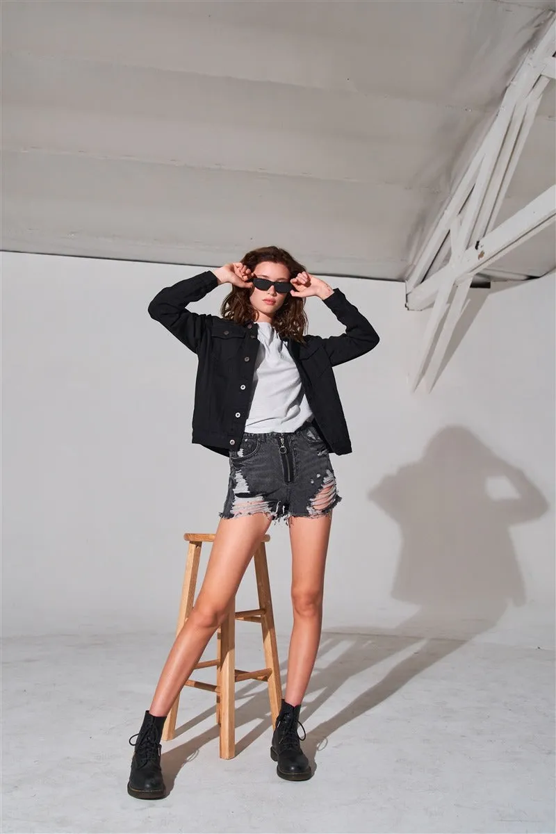 High-waist Front Detail Distressed Black Mini Shorts