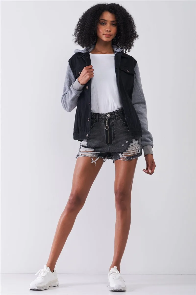 High-waist Front Detail Distressed Black Mini Shorts