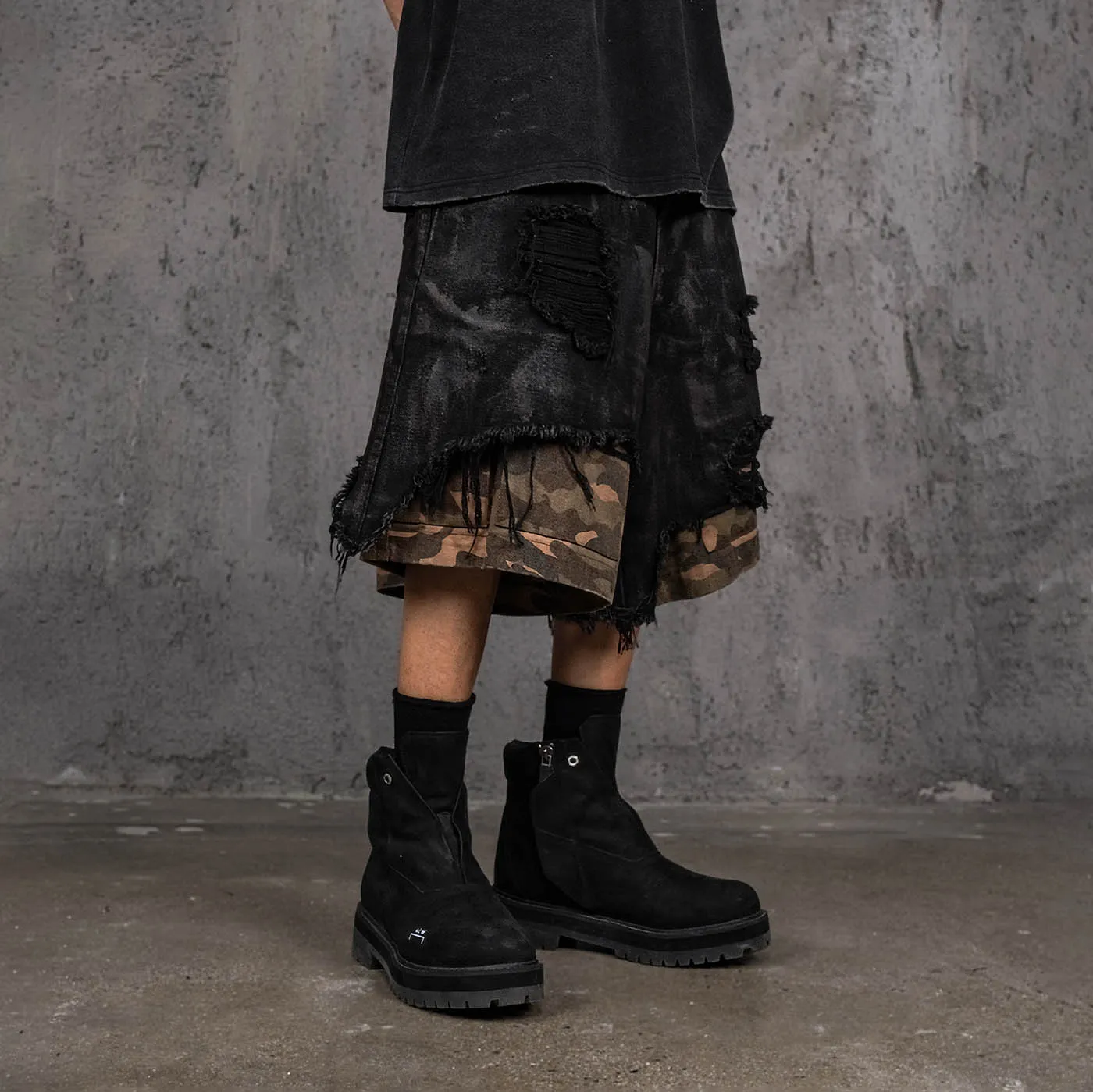 Layered Distressed Black Camo Shorts