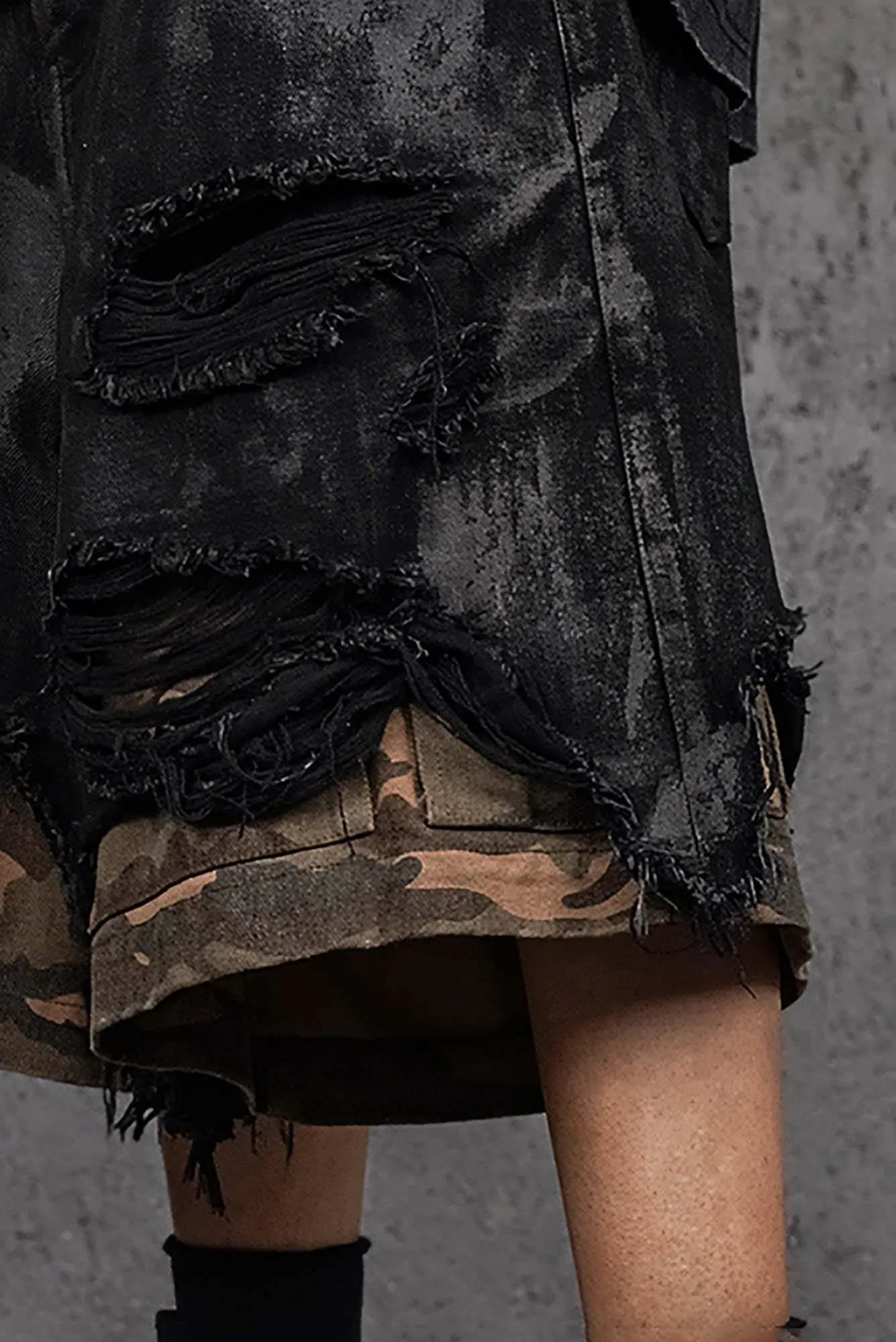 Layered Distressed Black Camo Shorts