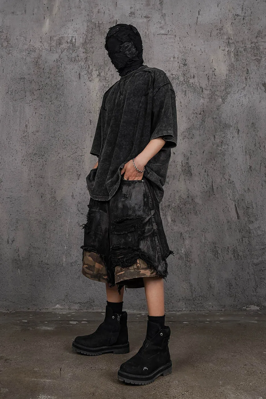 Layered Distressed Black Camo Shorts