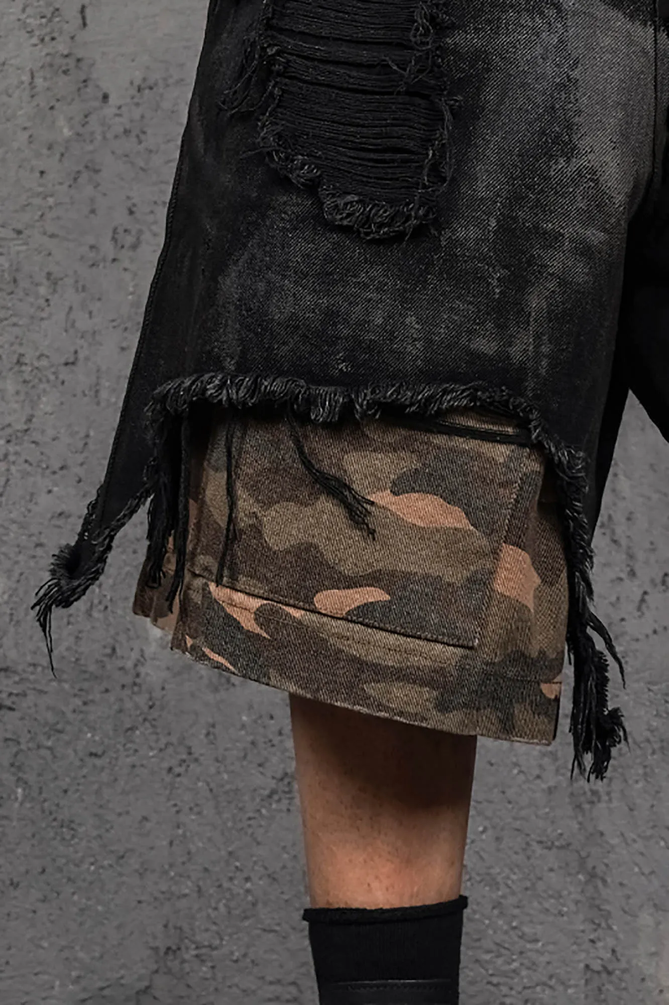 Layered Distressed Black Camo Shorts