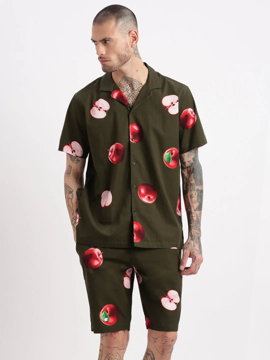 Men Graphic Cuban Collar Green Co-Ords Set