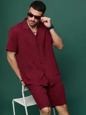 Men Maroon Cuban Collar Solid Co Ords Set