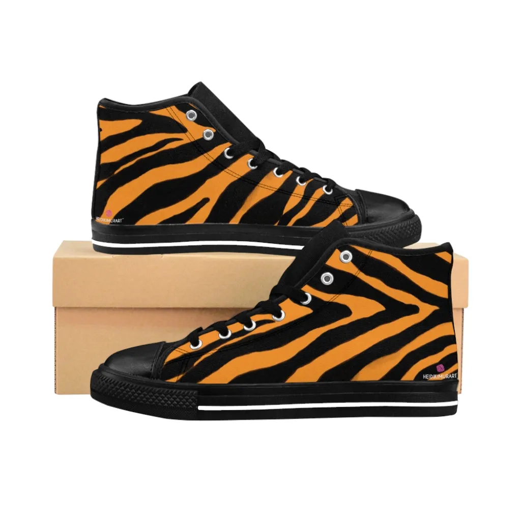 Orange Zebra Men's High Tops, Zebra Striped Animal Print Men's Classic Sneakers Running Fashion Canvas Shoes