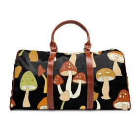 Overnight Bag Retro Mushrooms Groovy Eclectic Waterproof Travel Bag Faux Leather Straps and Handles Vintage Style