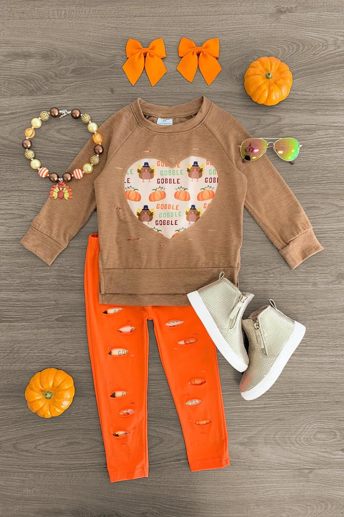 "Gobble" Orange & Brown Distressed Legging Set