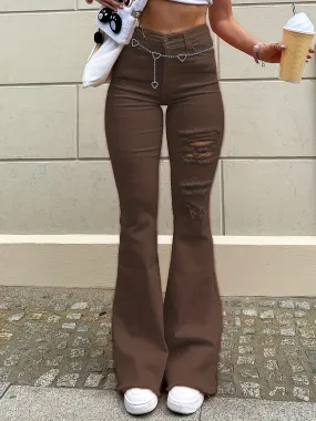 Ripped One Leg High Rise Brown  Bell Bottom Shape Distressed Flare Jeans