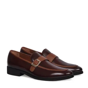 Single Monk Dark Brown Leather Contrasting Tan Apron Toe Buckle Strap Slip-On Shoe By Brune & Bareskin