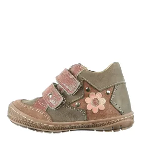 Szamos Kid Girl Sneakers Grey With Pink Sole And Velcro Straps Flower In Star Decor - Made In Europe