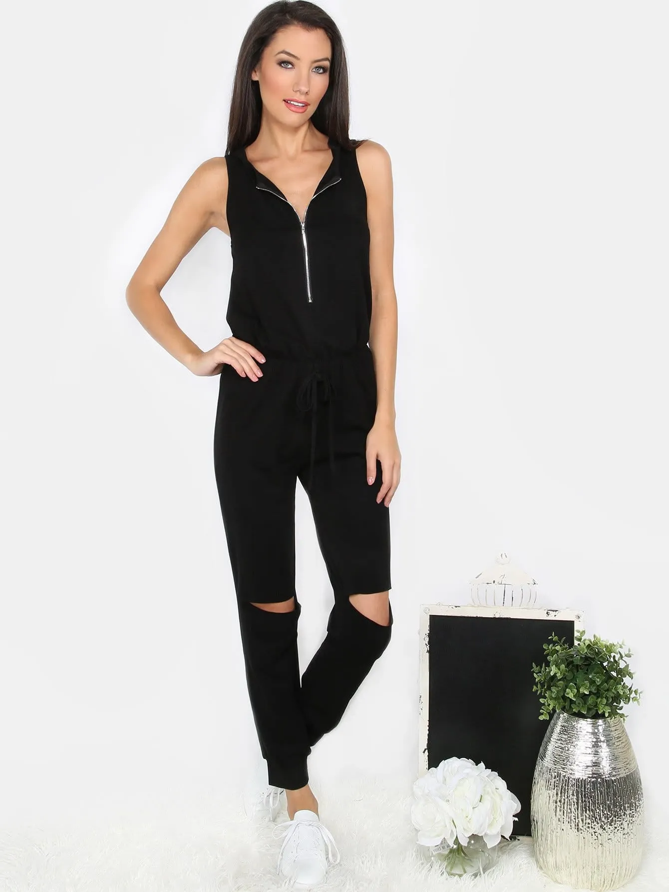 Trendy cutout distressed knee zipper jumpsuit