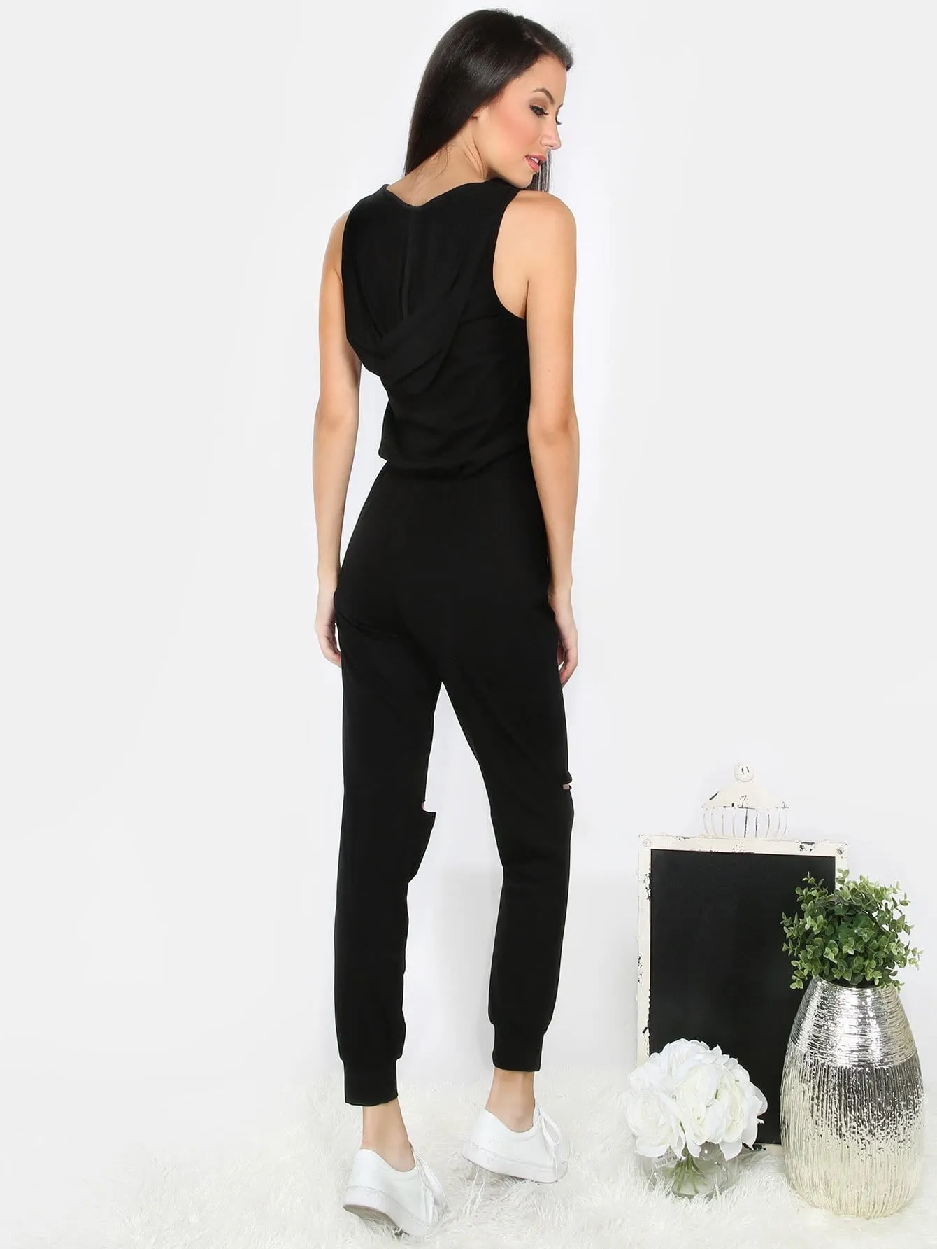 Trendy cutout distressed knee zipper jumpsuit