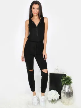 Trendy cutout distressed knee zipper jumpsuit