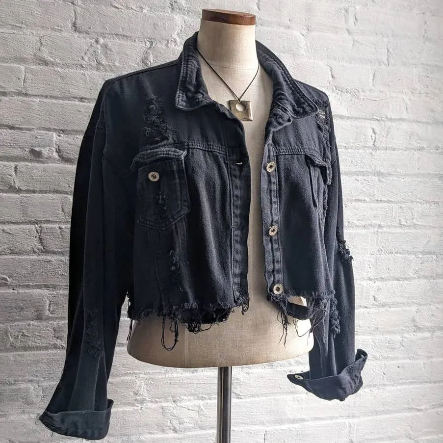 Y2K Vintage Black Distressed Cropped Denim Grunge Biker Jean Minimalist Jacket