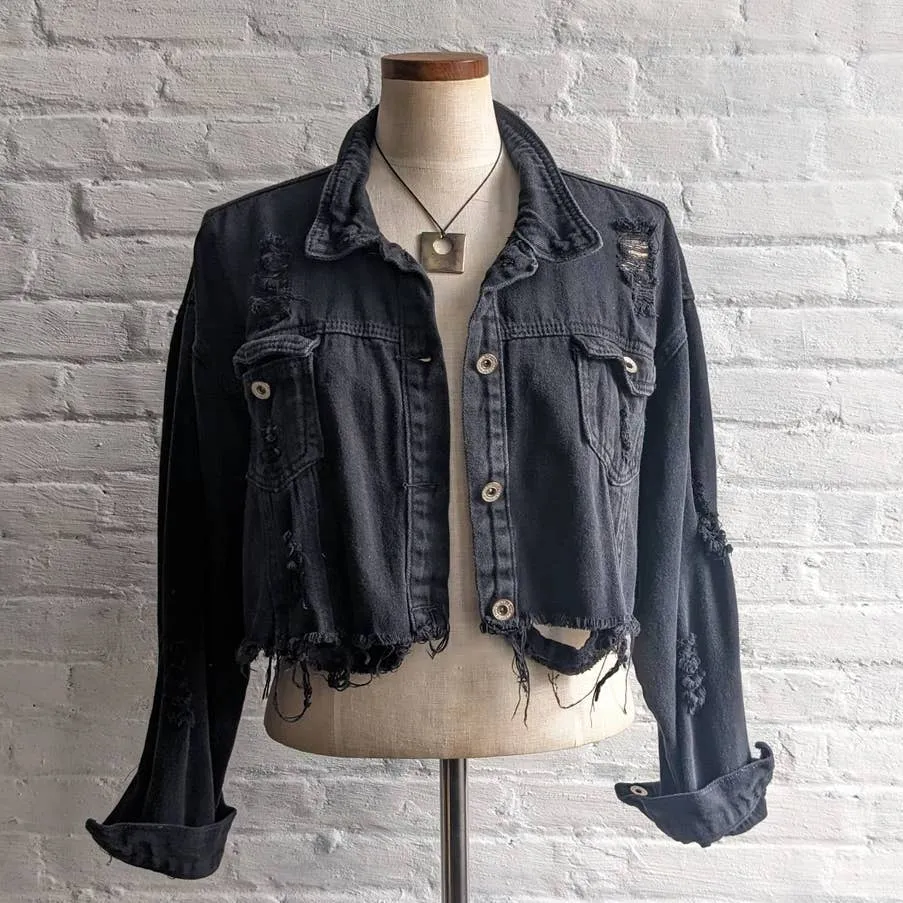 Y2K Vintage Black Distressed Cropped Denim Grunge Biker Jean Minimalist Jacket