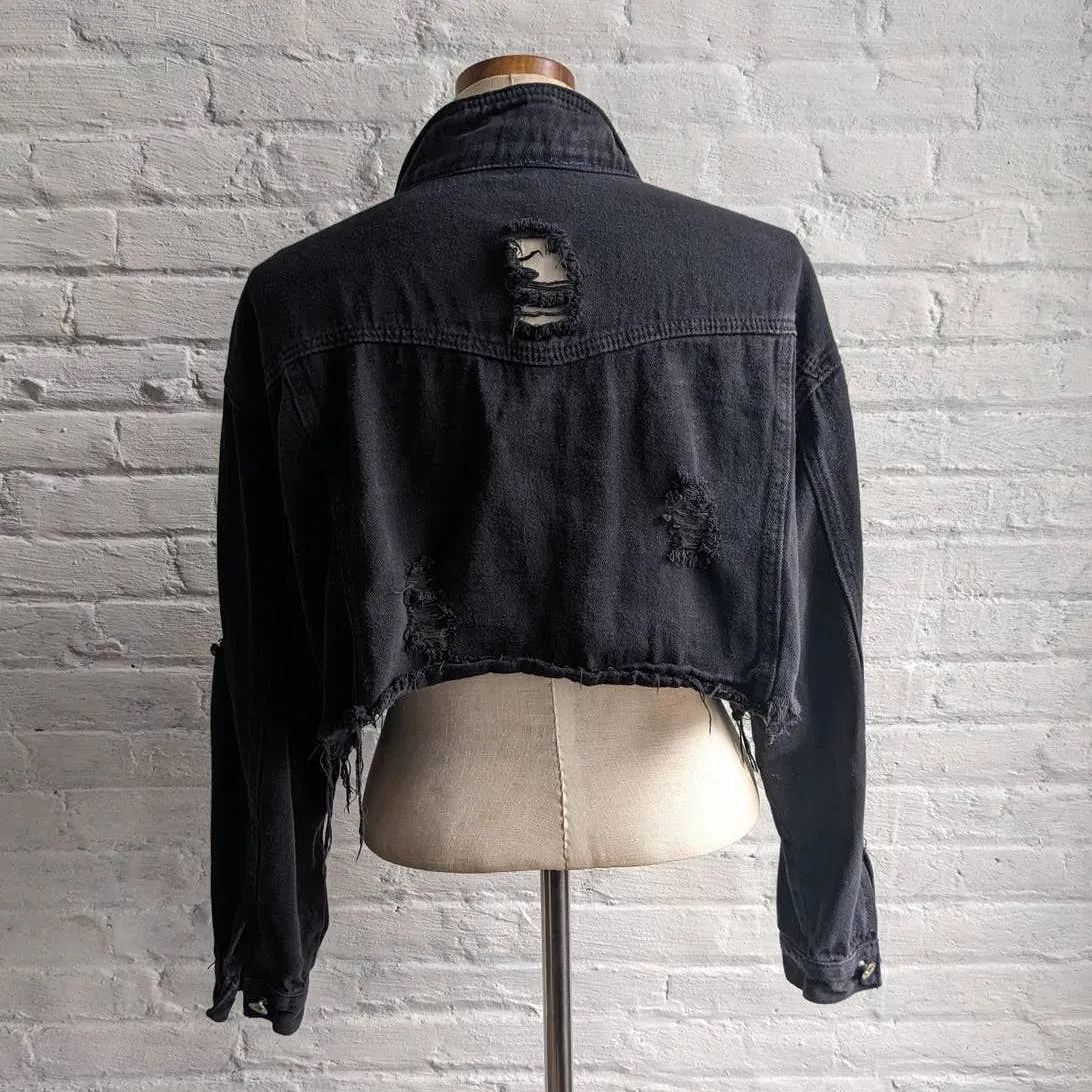 Y2K Vintage Black Distressed Cropped Denim Grunge Biker Jean Minimalist Jacket