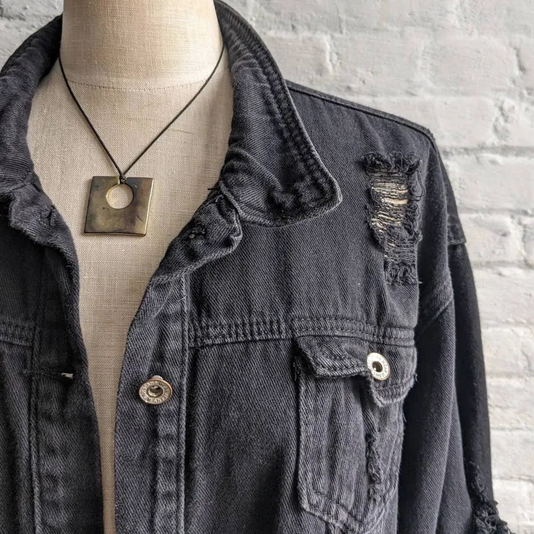 Y2K Vintage Black Distressed Cropped Denim Grunge Biker Jean Minimalist Jacket