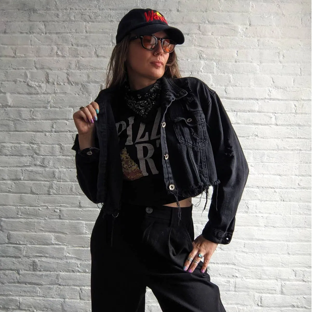 Y2K Vintage Black Distressed Cropped Denim Grunge Biker Jean Minimalist Jacket